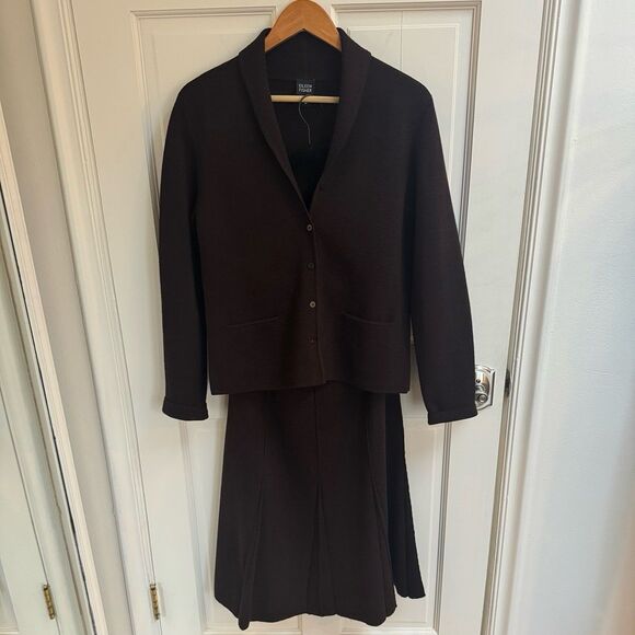 Eileen Fisher 2-Piece Italian Wool Cardigan Sweater & Flare Midi Skirt in Brown - Picture 1 of 7